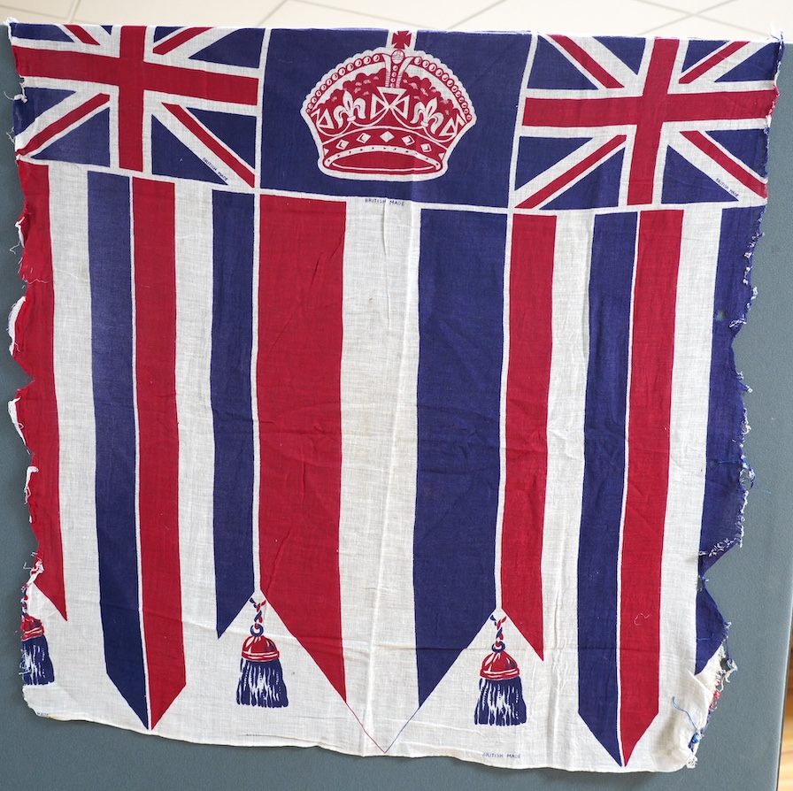 A vintage Union flag, approximately 240 x 120cm, a smaller “Sale” flag and other assorted flags and bunting. Condition - fair